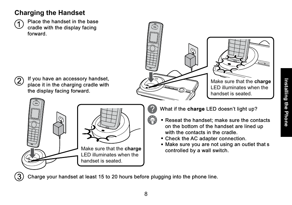 Charging the handset, Charging.the.handset | Uniden DECT3080 User Manual | Page 9 / 68