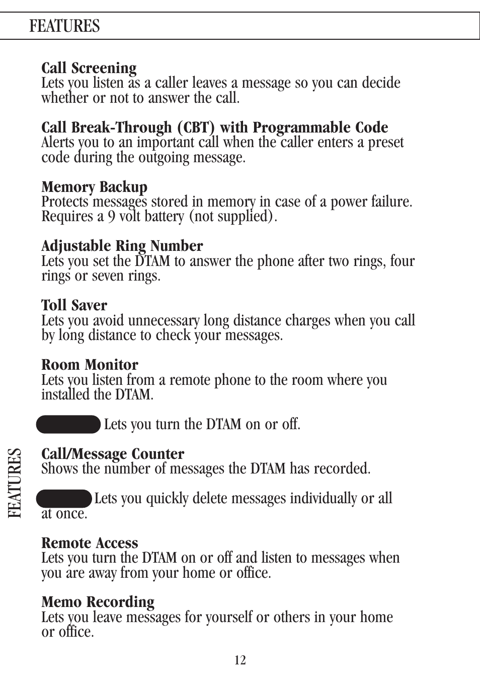 Fea tures, Features | Uniden 7000A User Manual | Page 12 / 42