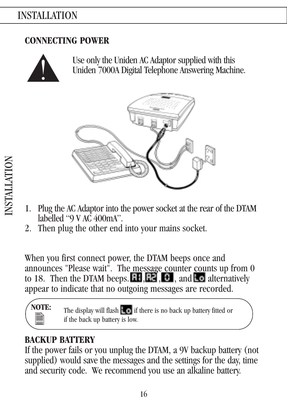 Connecting power, Backup battery, Inst alla tion | Installation | Uniden 7000A User Manual | Page 16 / 42