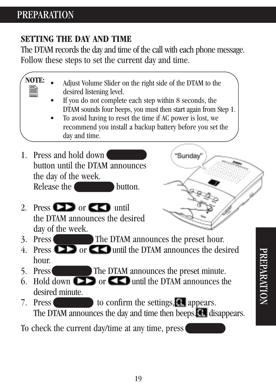Preparation, Setting the day and time, Preparation prep ara tion | Uniden 7000A User Manual | Page 19 / 42
