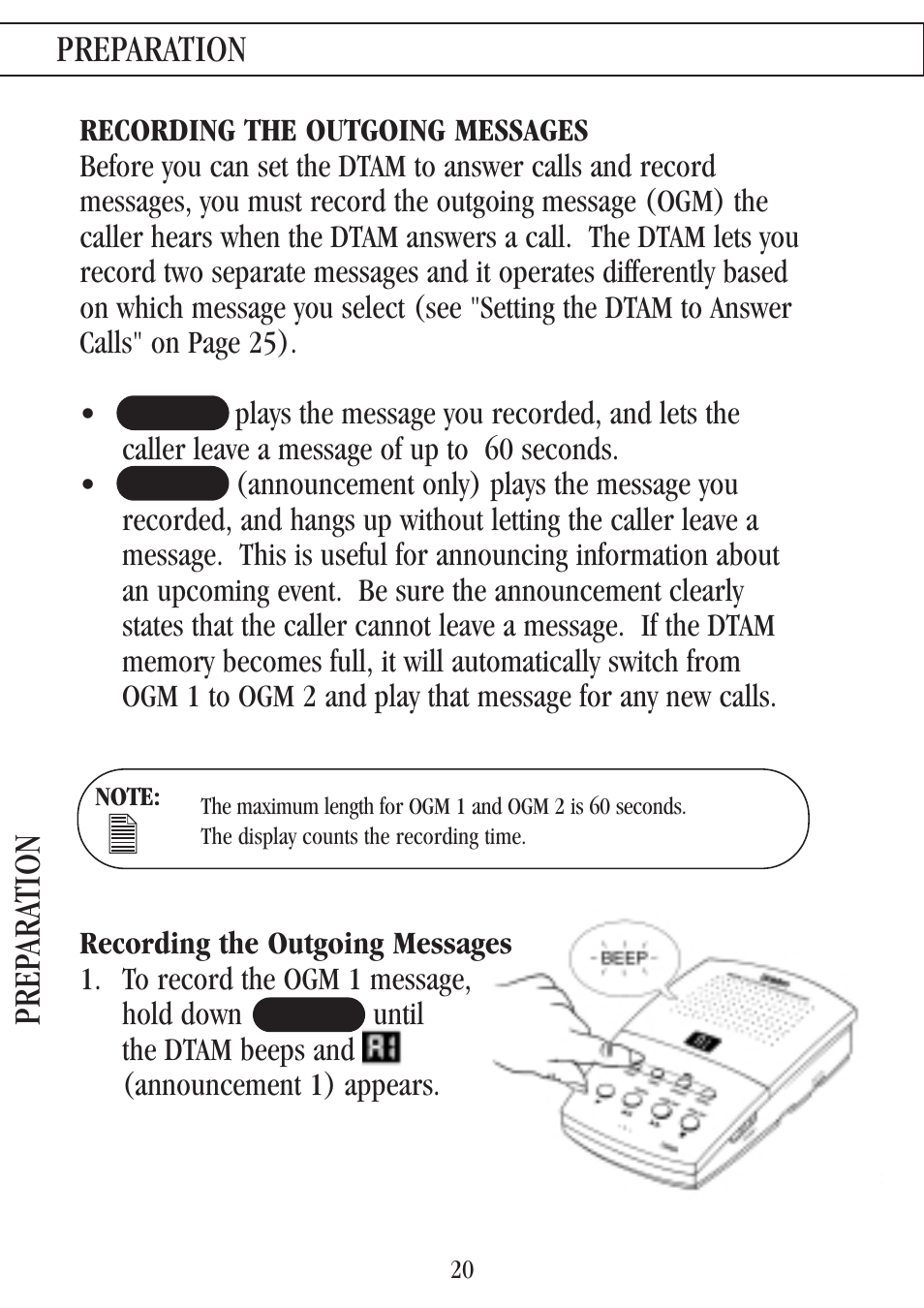 Recording the outgoing messages, Prep ara tion, Preparation | Uniden 7000A User Manual | Page 20 / 42