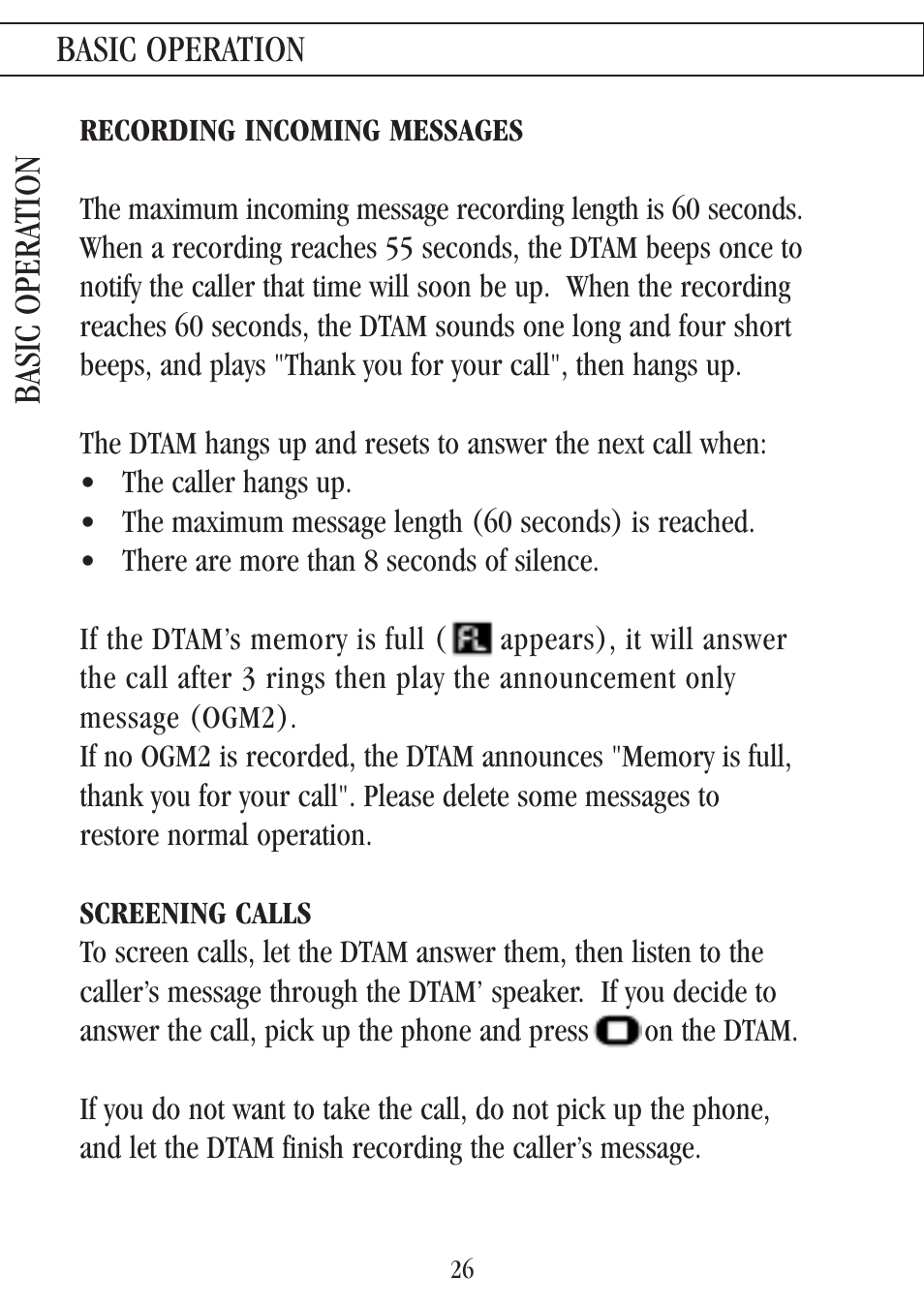 Recording incoming messages, Screening calls, Basic opera tion | Basic operation | Uniden 7000A User Manual | Page 26 / 42