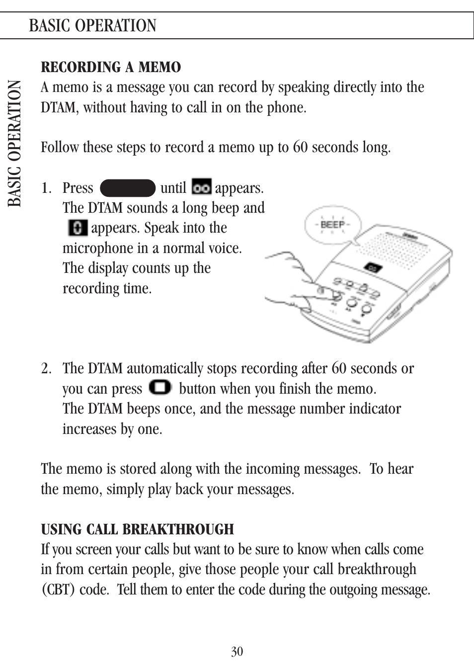 Recording a memo, Using call breakthrough, Basic opera tion basic operation | Uniden 7000A User Manual | Page 30 / 42