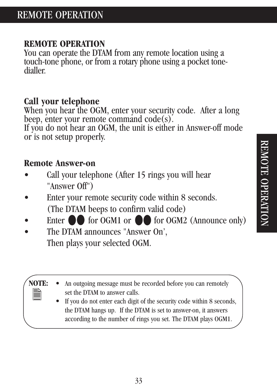 Remote operation, Call your telephone, Remote answer-on | Remote operation remote opera tion | Uniden 7000A User Manual | Page 33 / 42