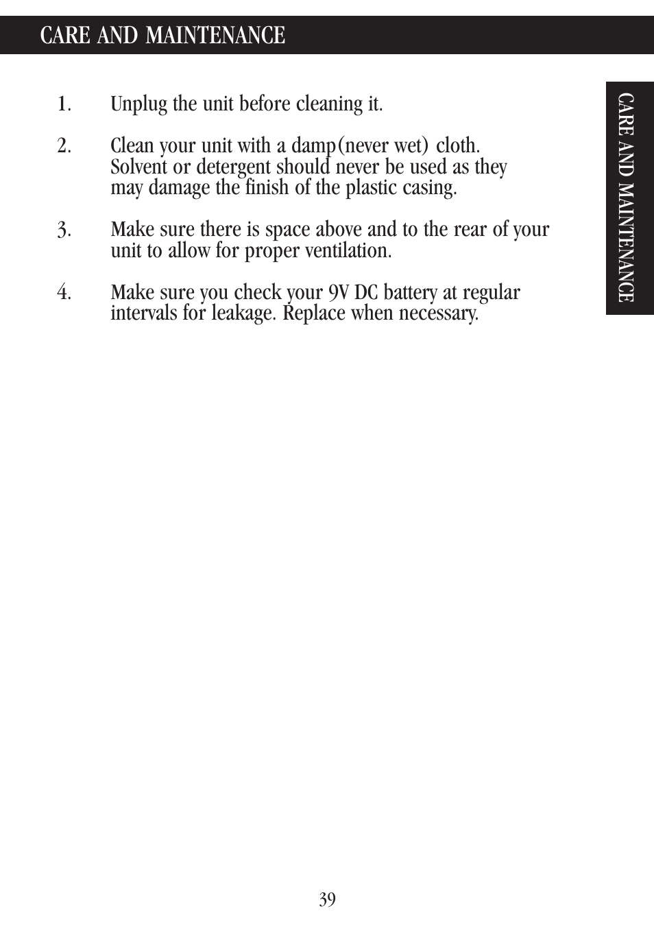 Care and maintenance | Uniden 7000A User Manual | Page 39 / 42