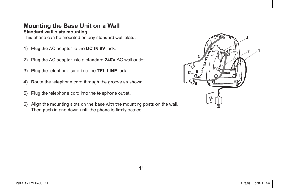 Mounting.the.base.unit.on.a.wall | Uniden XS1415/1415+1 User Manual | Page 12 / 44