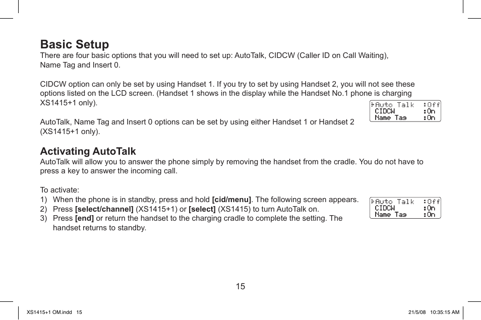 Basic.setup, Activating.autotalk | Uniden XS1415/1415+1 User Manual | Page 16 / 44