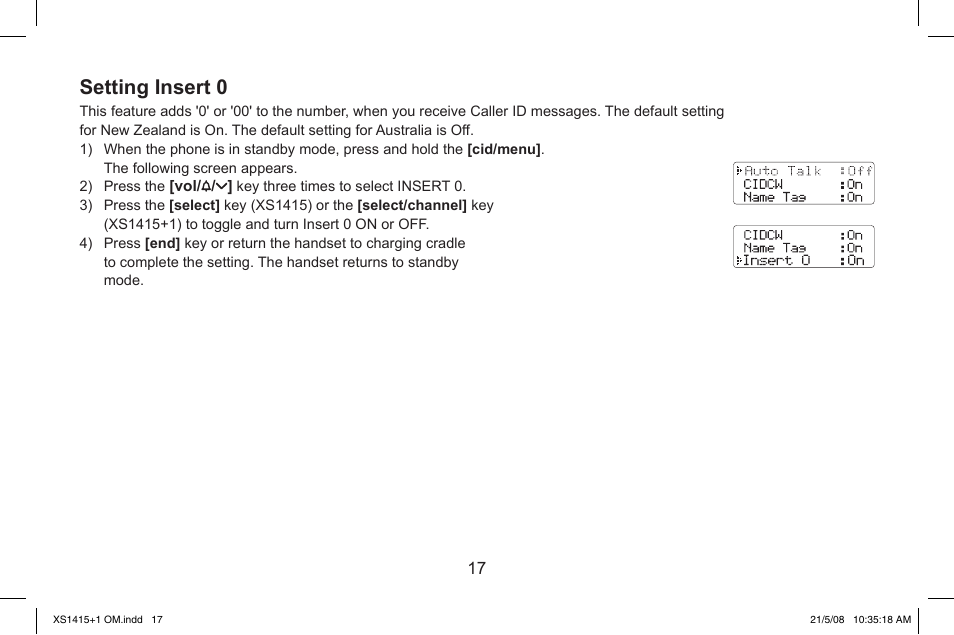 Setting.insert.0 | Uniden XS1415/1415+1 User Manual | Page 18 / 44