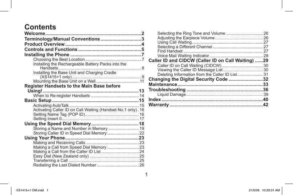 Uniden XS1415/1415+1 User Manual | Page 2 / 44