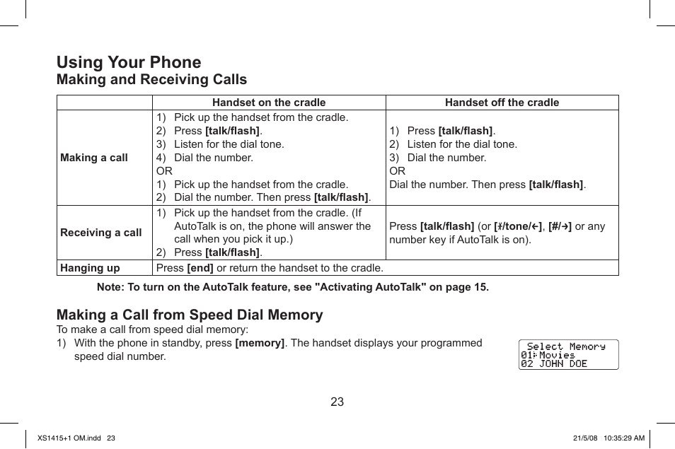 Using.your.phone, Making.and.receiving.calls | Uniden XS1415/1415+1 User Manual | Page 24 / 44