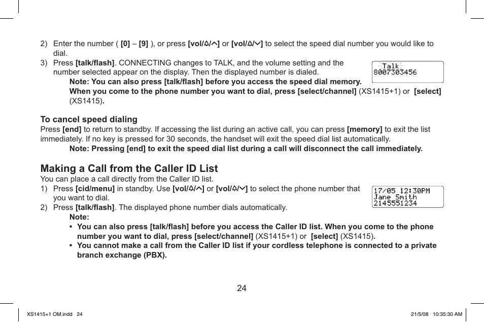 Making.a.call.from.the.caller.id.list | Uniden XS1415/1415+1 User Manual | Page 25 / 44