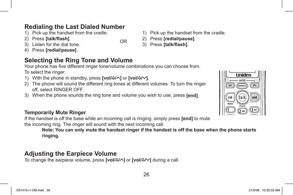 Redialing.the.last.dialed.number, Selecting.the.ring.tone.and.volume, Adjusting.the.earpiece.volume | Uniden XS1415/1415+1 User Manual | Page 27 / 44