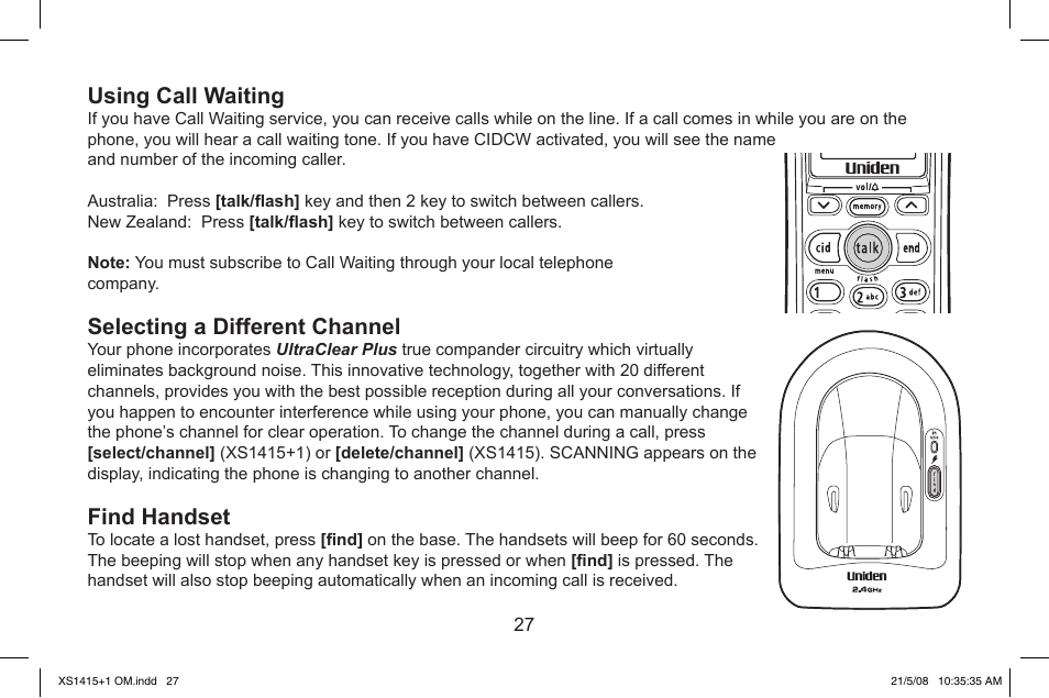 Using.call.waiting, Selecting.a.different.channel, Find.handset | Uniden XS1415/1415+1 User Manual | Page 28 / 44