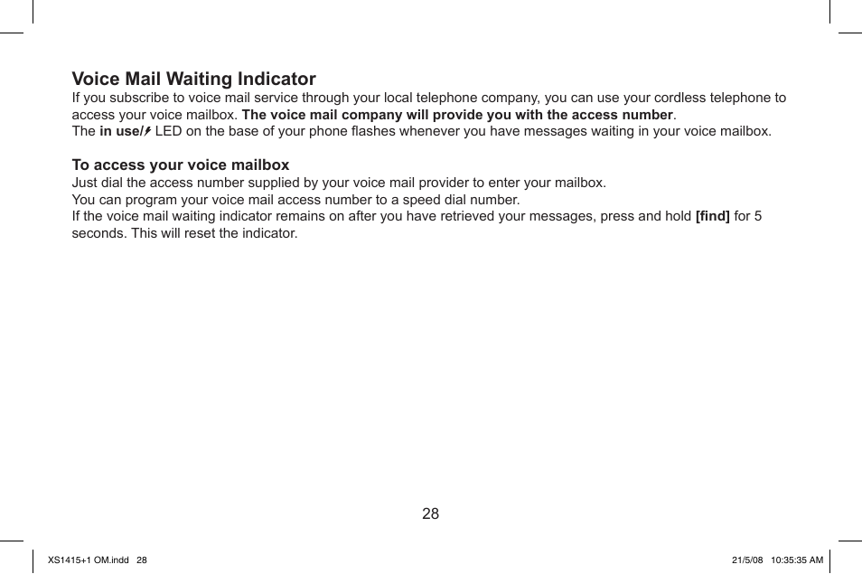Voice.mail.waiting.indicator | Uniden XS1415/1415+1 User Manual | Page 29 / 44