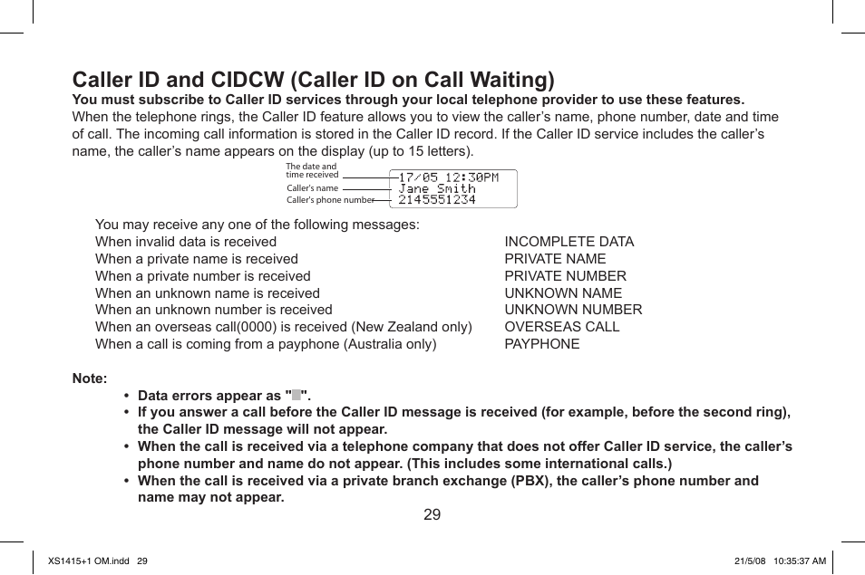 Caller.id.and.cidcw.(caller.id.on.call.waiting) | Uniden XS1415/1415+1 User Manual | Page 30 / 44