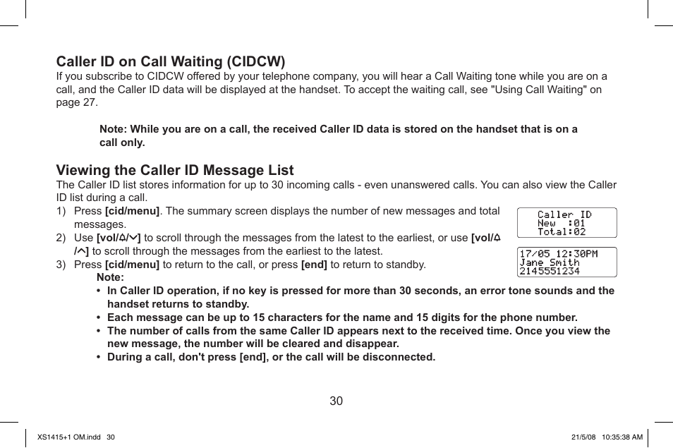 Caller.id.on.call.waiting.(cidcw), Viewing.the.caller.id.message.list | Uniden XS1415/1415+1 User Manual | Page 31 / 44