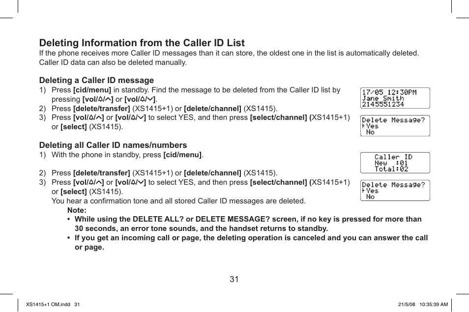 Deleting.information.from.the.caller.id.list | Uniden XS1415/1415+1 User Manual | Page 32 / 44