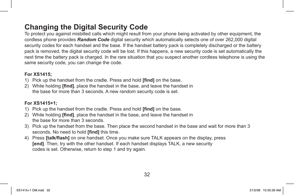 Changing.the.digital.security.code | Uniden XS1415/1415+1 User Manual | Page 33 / 44