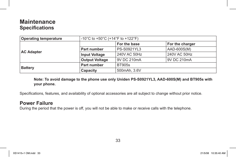 Maintenance, Specifications, Power.failure | Uniden XS1415/1415+1 User Manual | Page 34 / 44