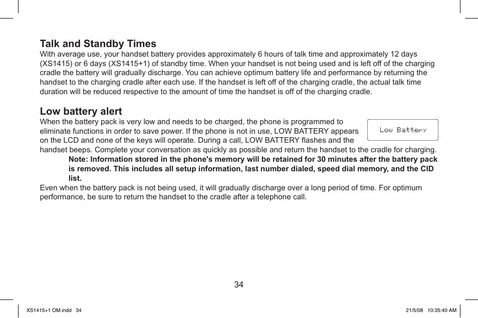 Talk.and.standby.times, Low.battery.alert | Uniden XS1415/1415+1 User Manual | Page 35 / 44