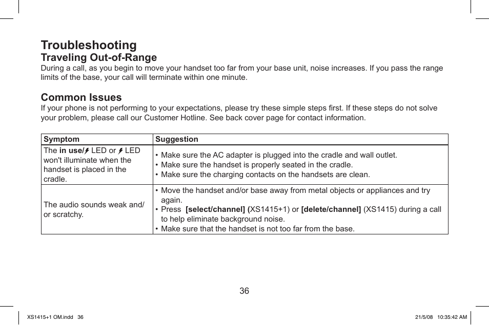 Troubleshooting, Traveling.out-of-range, Common.issues | Uniden XS1415/1415+1 User Manual | Page 37 / 44