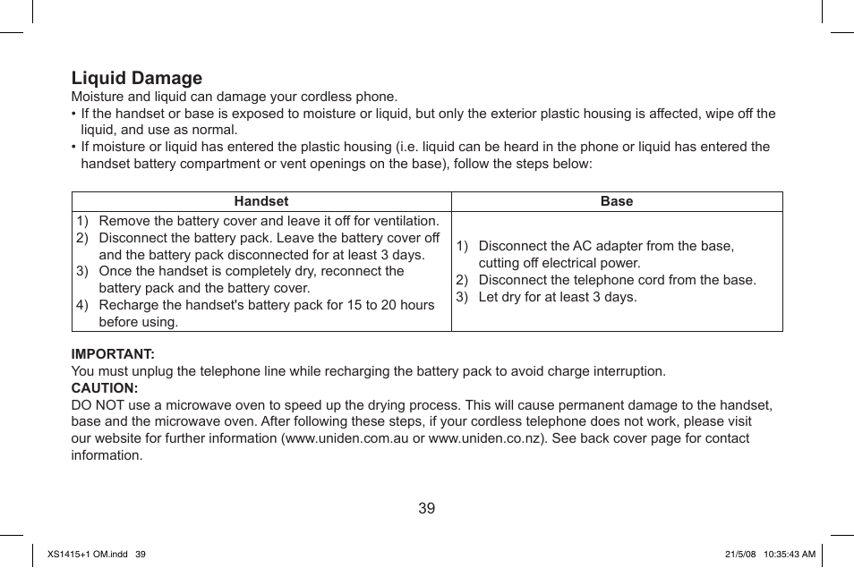 Liquid.damage | Uniden XS1415/1415+1 User Manual | Page 40 / 44