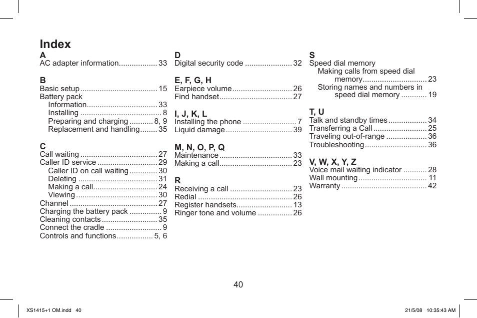 Index | Uniden XS1415/1415+1 User Manual | Page 41 / 44