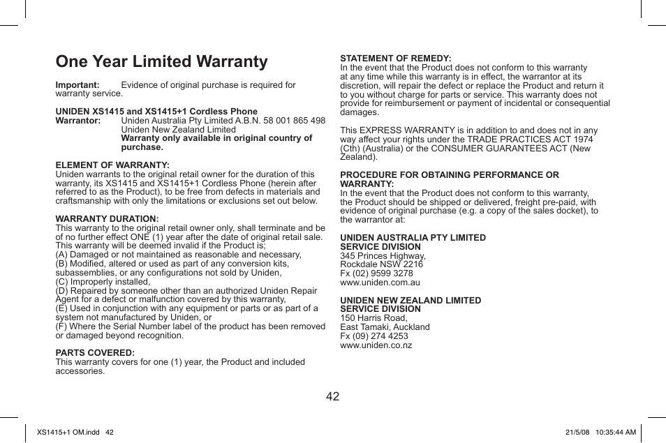 One.year.limited.warranty | Uniden XS1415/1415+1 User Manual | Page 43 / 44