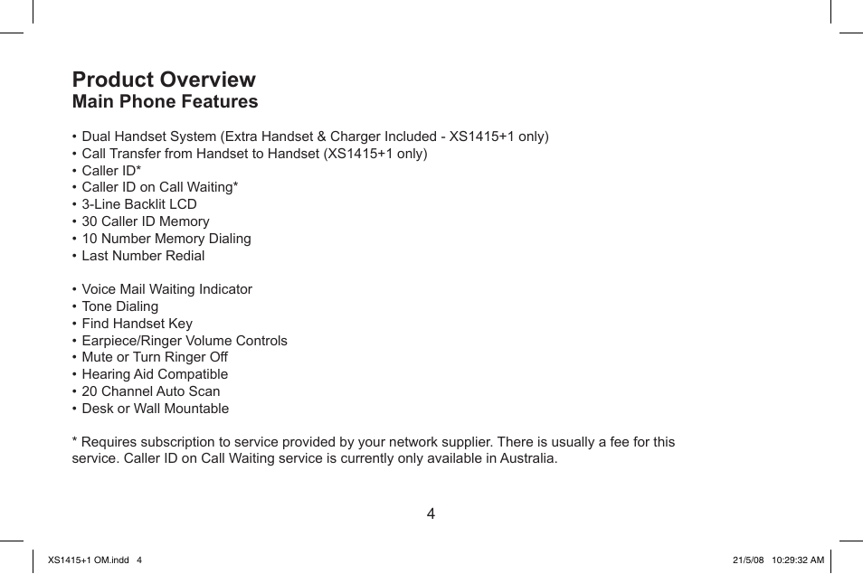 Product.overview, Main.phone.features | Uniden XS1415/1415+1 User Manual | Page 5 / 44