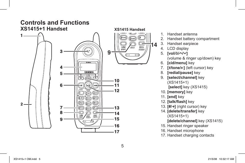 Controls.and.functions | Uniden XS1415/1415+1 User Manual | Page 6 / 44