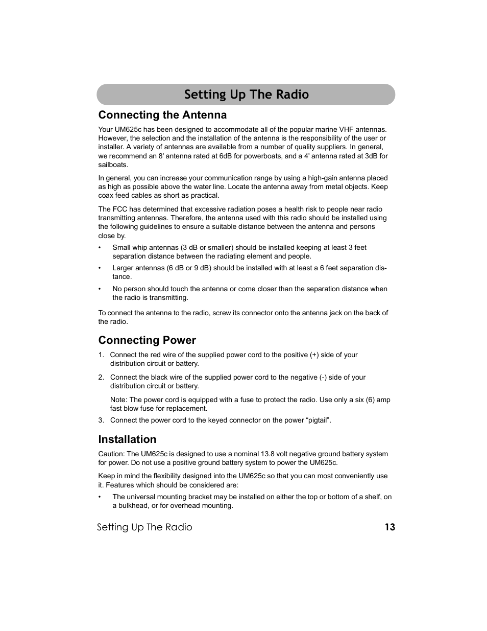 Setting up the radio, Setting up the radio connecting the antenna, Connecting power | Installation | Uniden UM-525 User Manual | Page 13 / 60