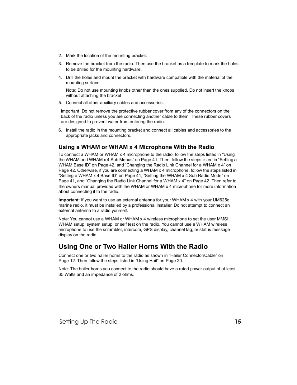 Using one or two hailer horns with the radio | Uniden UM-525 User Manual | Page 15 / 60
