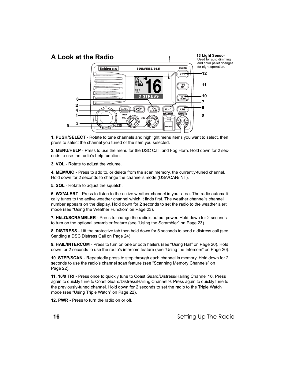 A look at the radio, Setting up the radio | Uniden UM-525 User Manual | Page 16 / 60
