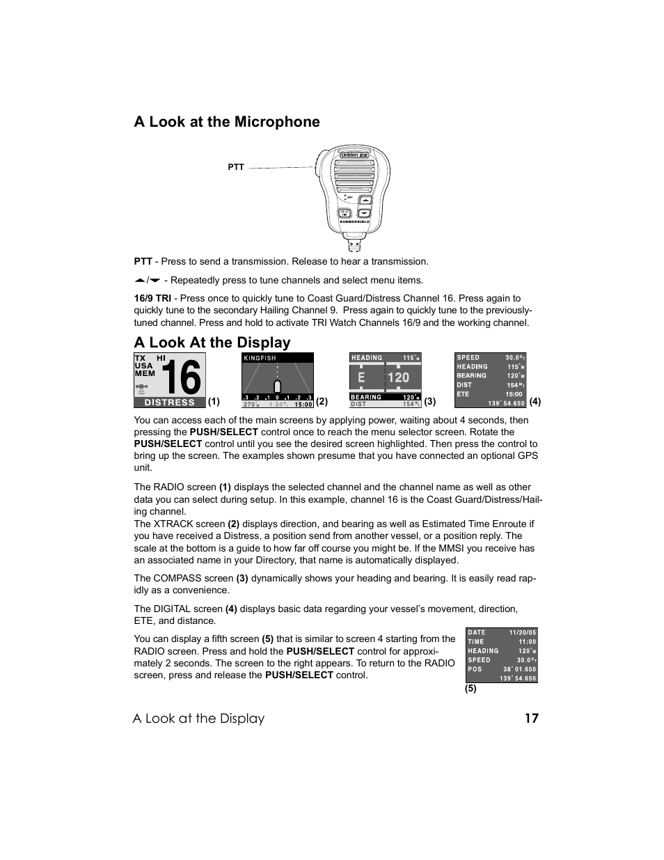A look at the microphone, A look at the display | Uniden UM-525 User Manual | Page 17 / 60