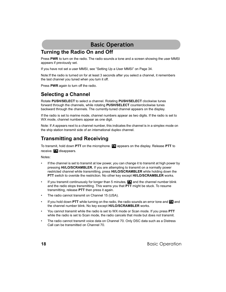 Basic operation, Turning the radio on and off, Selecting a channel | Transmitting and receiving | Uniden UM-525 User Manual | Page 18 / 60