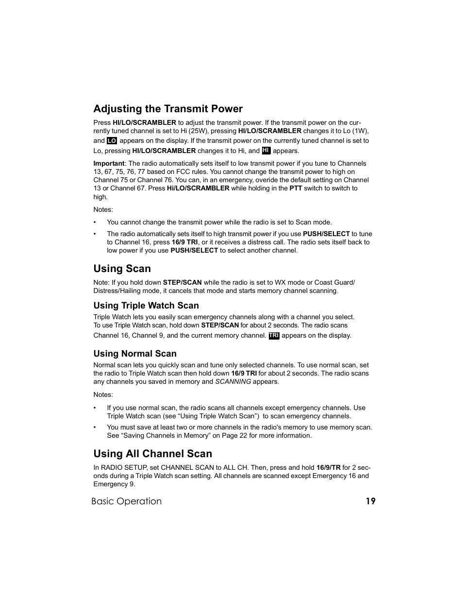 Adjusting the transmit power, Using scan, Using all channel scan | Uniden UM-525 User Manual | Page 19 / 60