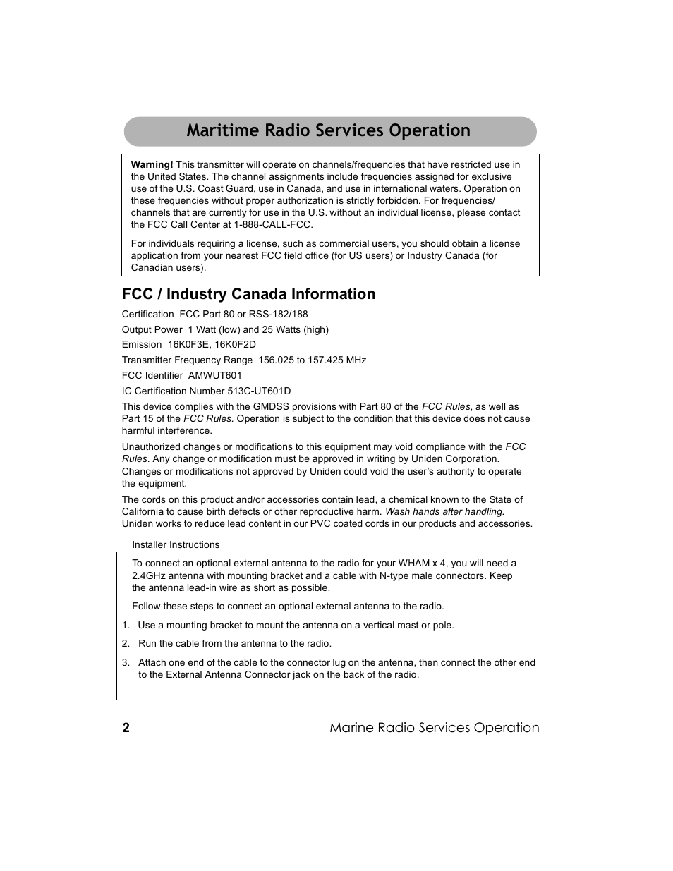 Maritime radio services operation, Maritime rade op, Fcc / industry canada information | Uniden UM-525 User Manual | Page 2 / 60