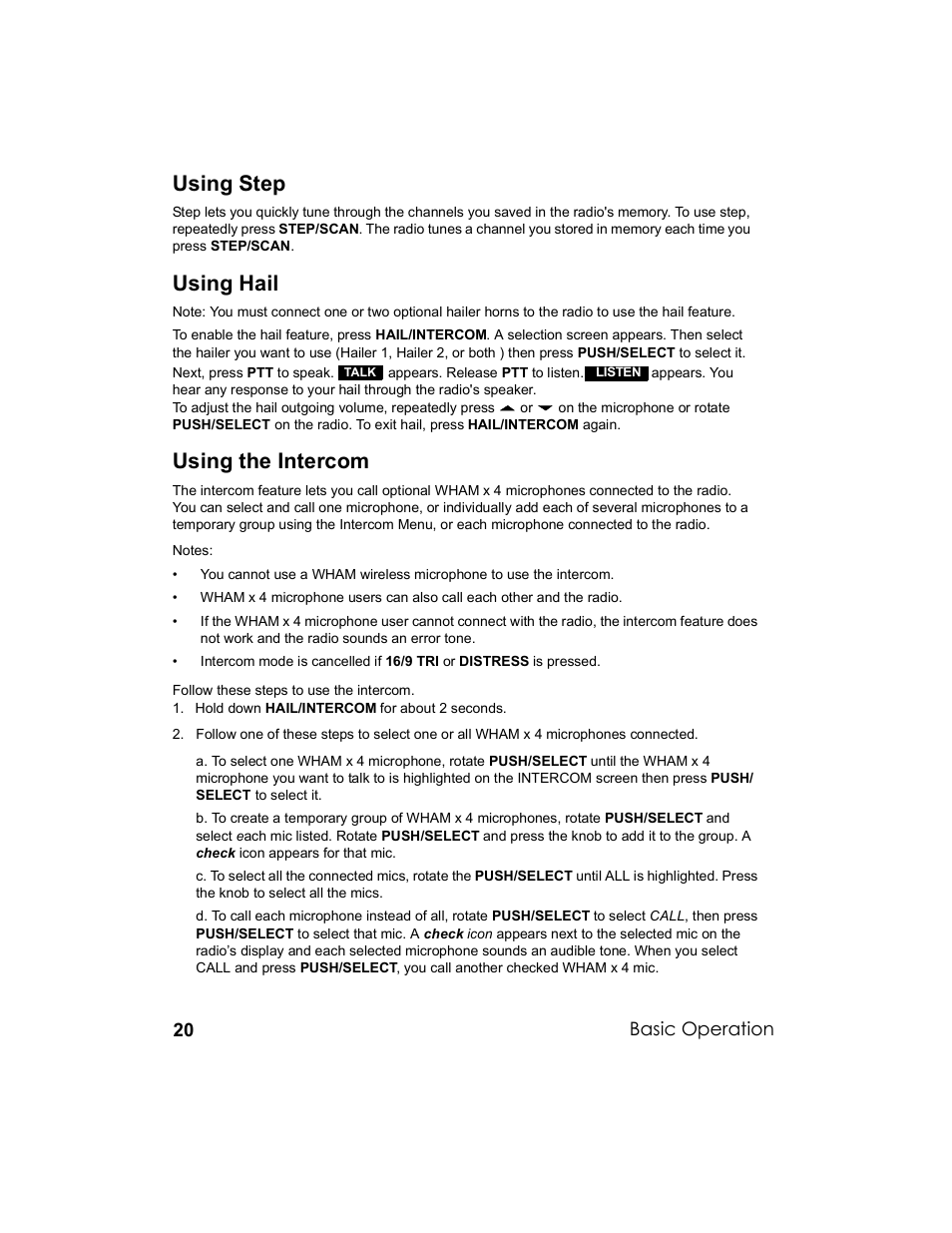Using step, Using hail, Using the intercom | Uniden UM-525 User Manual | Page 20 / 60