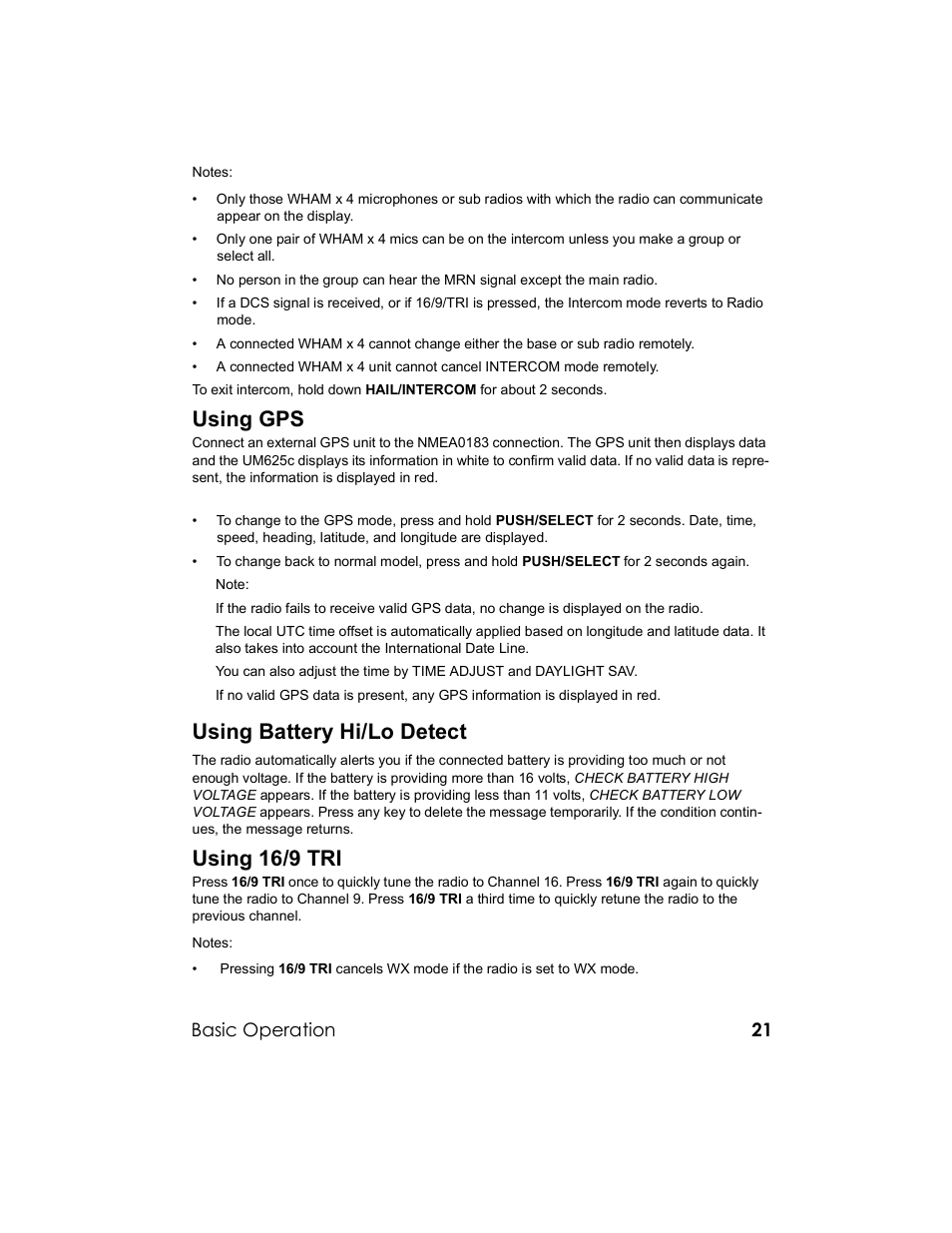 Using gps, Using battery hi/lo detect, Using 16/9 tri | Uniden UM-525 User Manual | Page 21 / 60