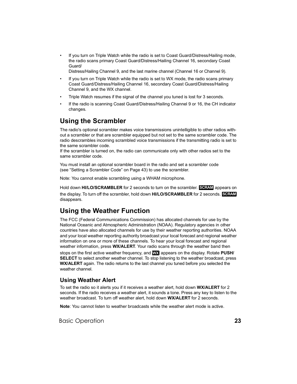 Using the scrambler, Using the weather function | Uniden UM-525 User Manual | Page 23 / 60
