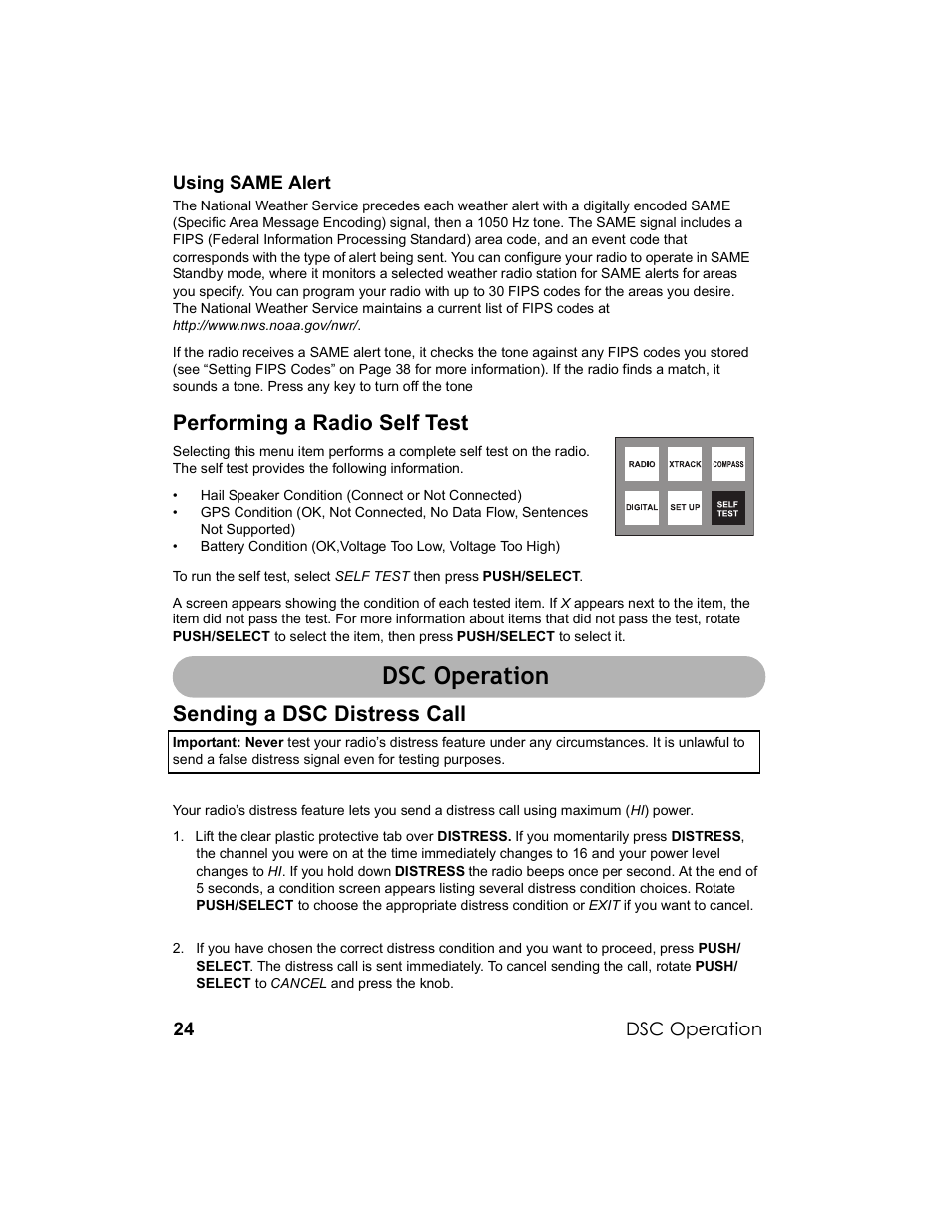 Dsc operation, Performing a radio self test, Sending a dsc distress call | Uniden UM-525 User Manual | Page 24 / 60