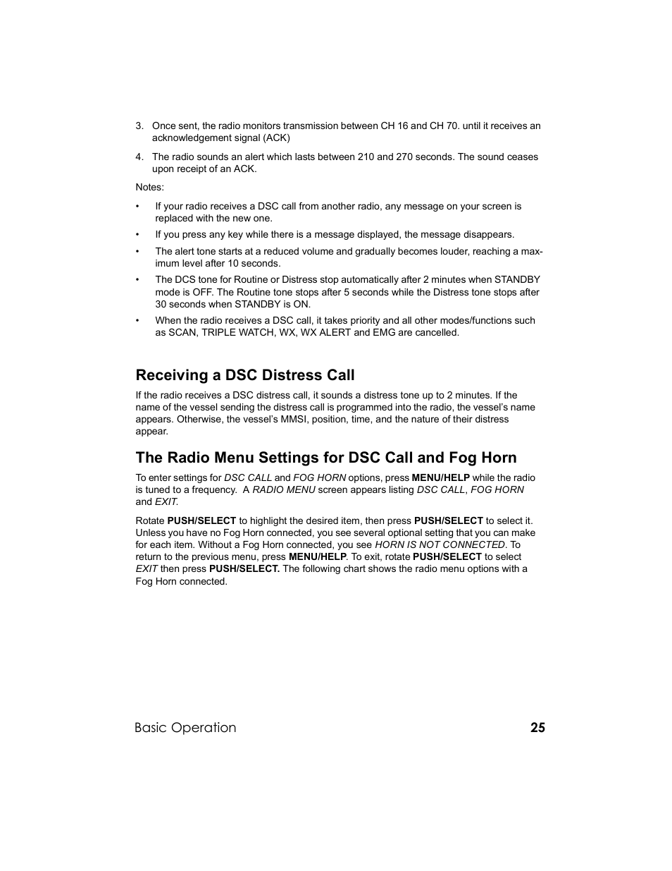 Receiving a dsc distress call, The radio menu settings for dsc call and fog horn, Basic operation | Uniden UM-525 User Manual | Page 25 / 60