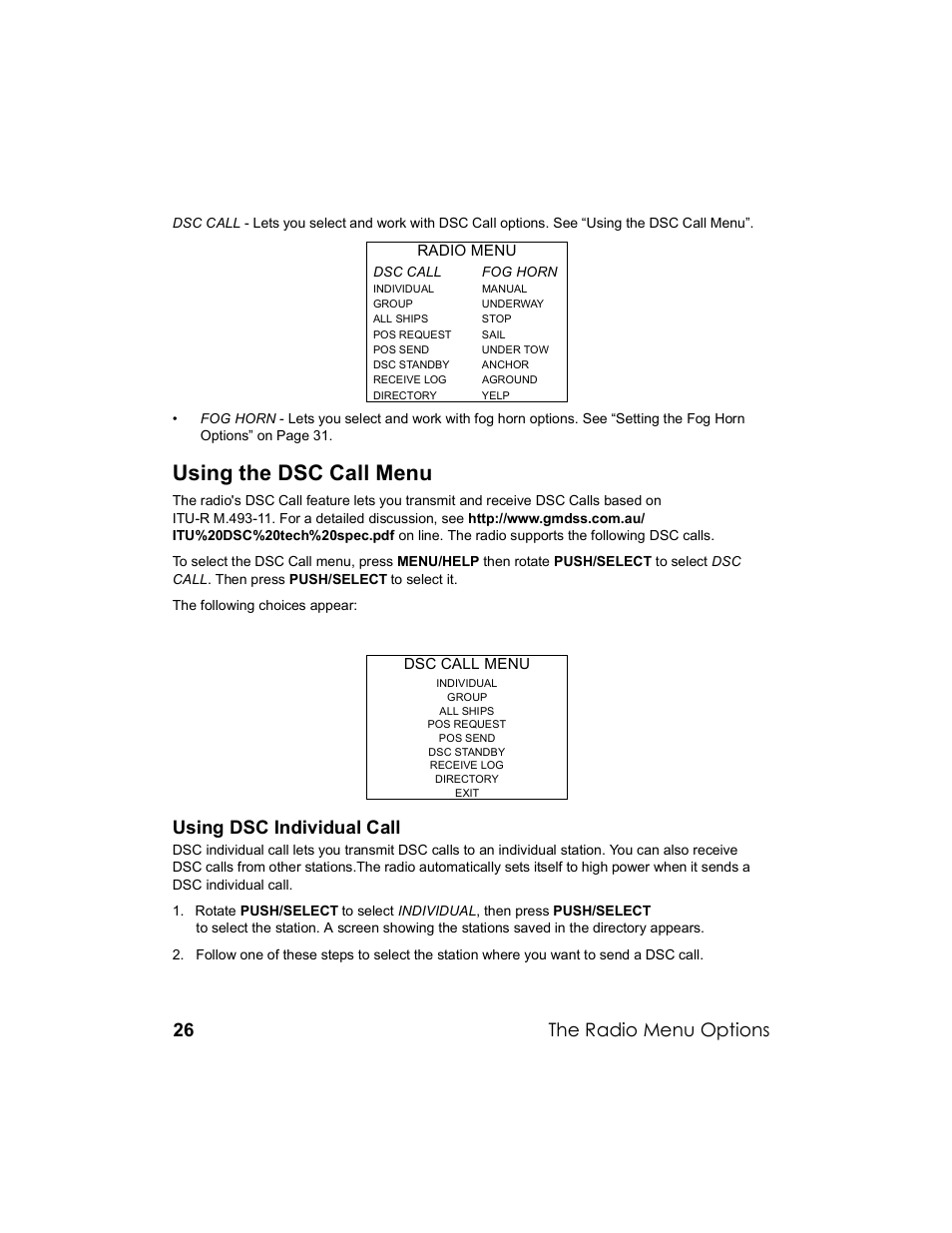 Using the dsc call menu, Using dsc individual call, The radio menu options | Uniden UM-525 User Manual | Page 26 / 60