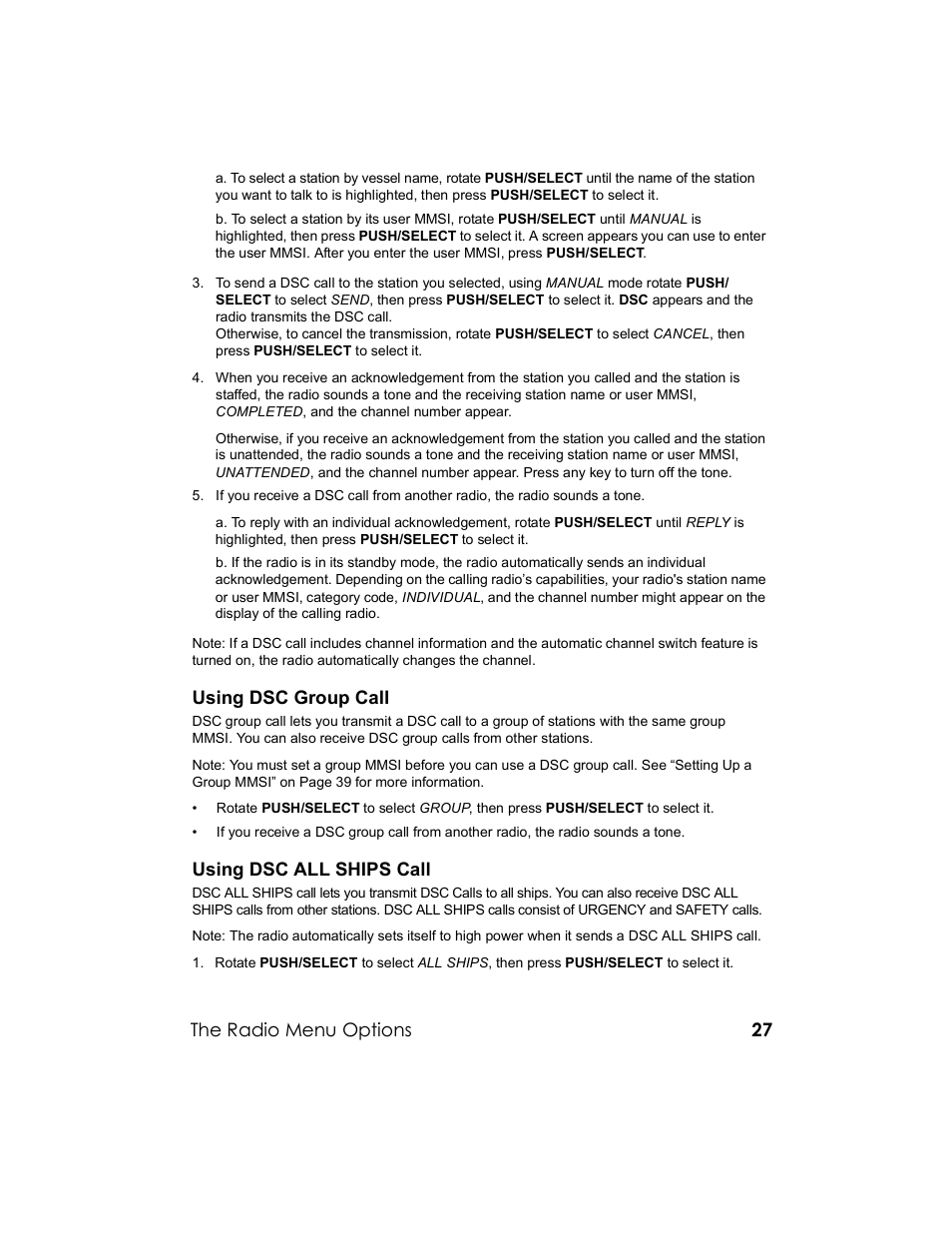 Using dsc group call, Using dsc all ships call, The radio menu options | Uniden UM-525 User Manual | Page 27 / 60