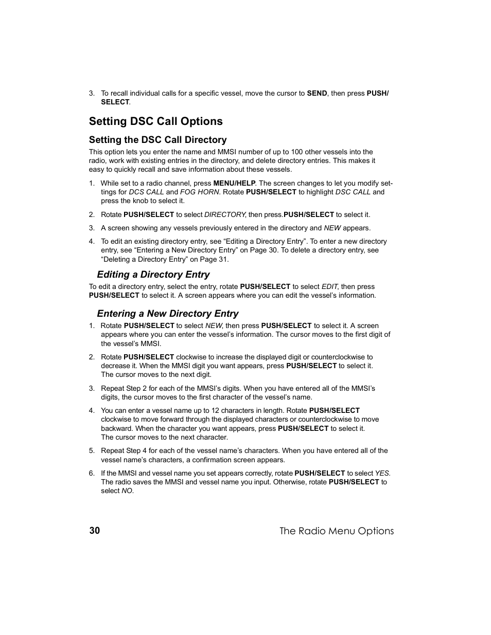 Setting dsc call options, Setting the dsc call directory, Editing a directory entry | Entering a new directory entry, The radio menu options | Uniden UM-525 User Manual | Page 30 / 60