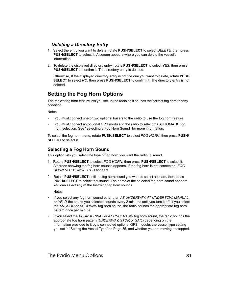 Setting the fog horn options, 31 deleting a directory entry, Selecting a fog horn sound | The radio menu options | Uniden UM-525 User Manual | Page 31 / 60