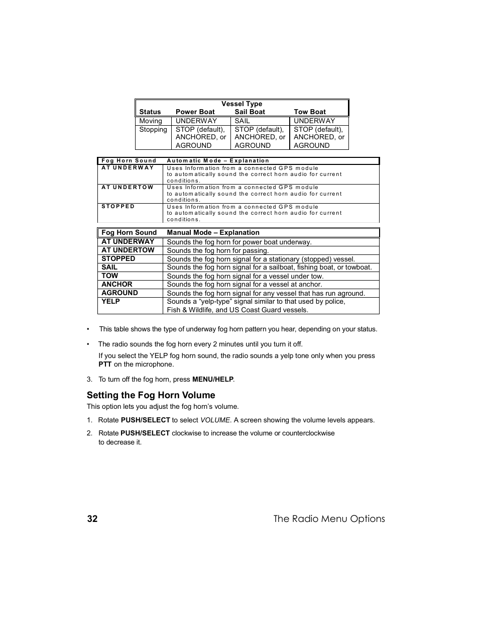 Setting the fog horn volume, The radio menu options | Uniden UM-525 User Manual | Page 32 / 60