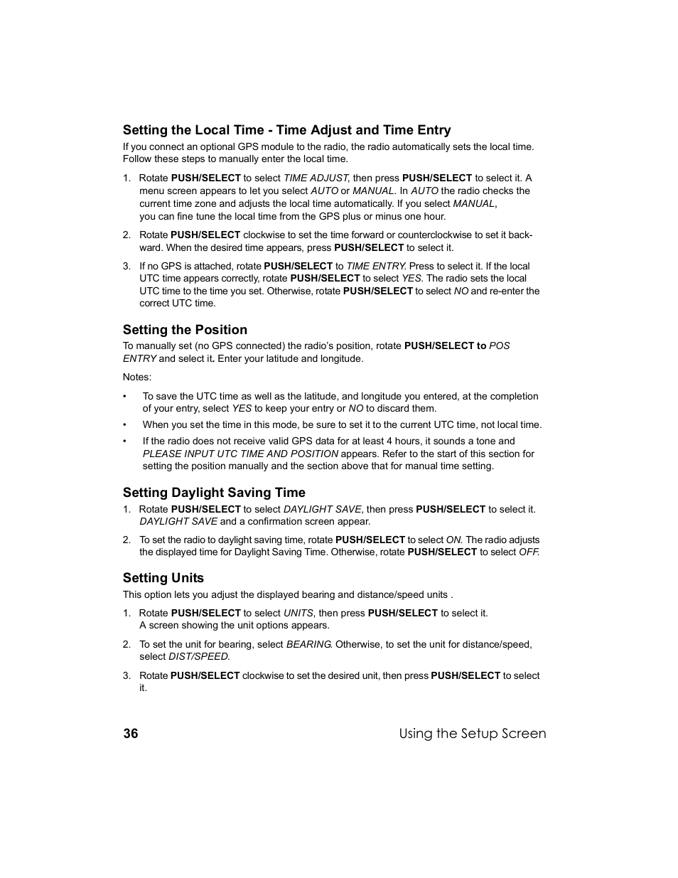 Setting the position, Setting daylight saving time, Setting units | Using the setup screen | Uniden UM-525 User Manual | Page 36 / 60