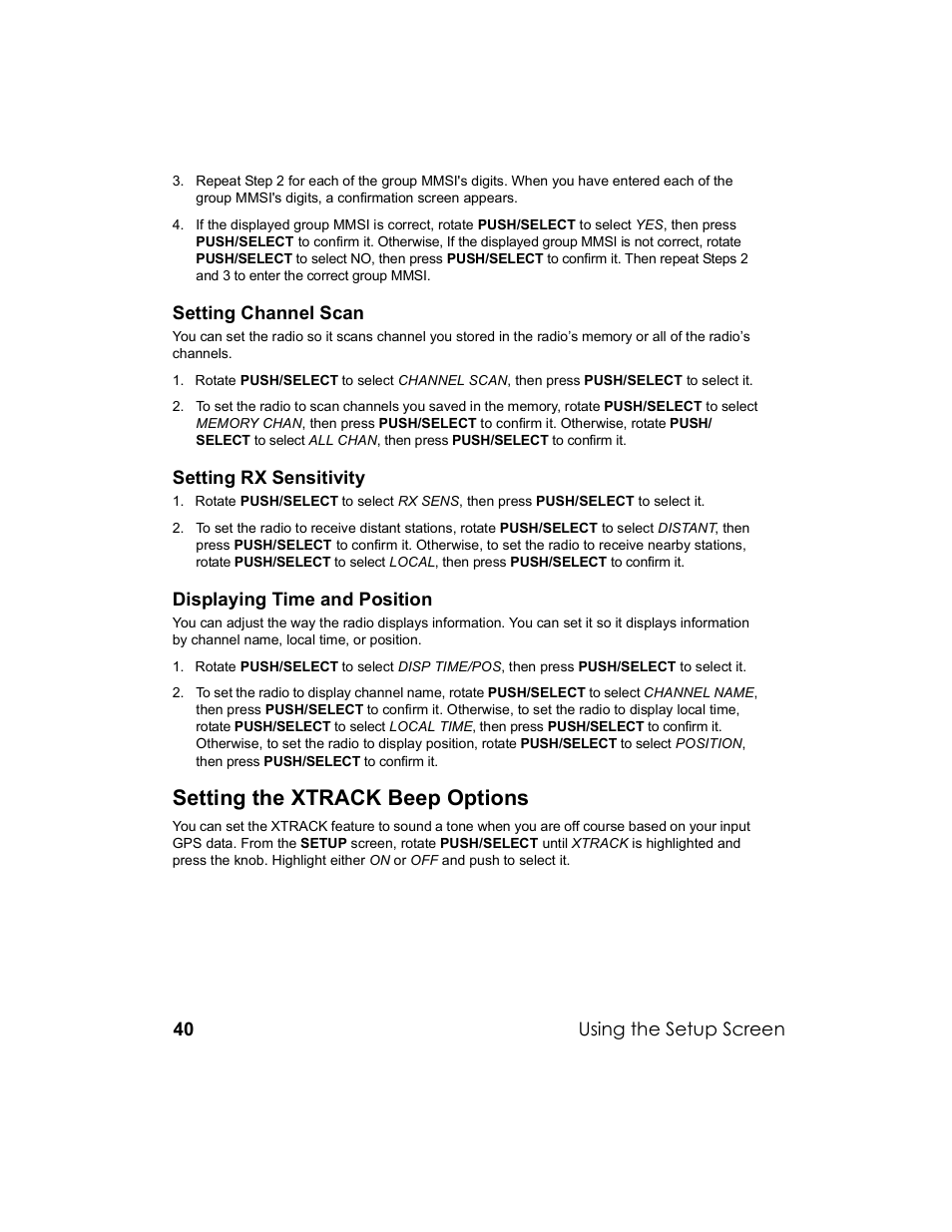 Setting the xtrack beep options, Setting channel scan, Setting rx sensitivity | Displaying time and position, Using the setup screen | Uniden UM-525 User Manual | Page 40 / 60