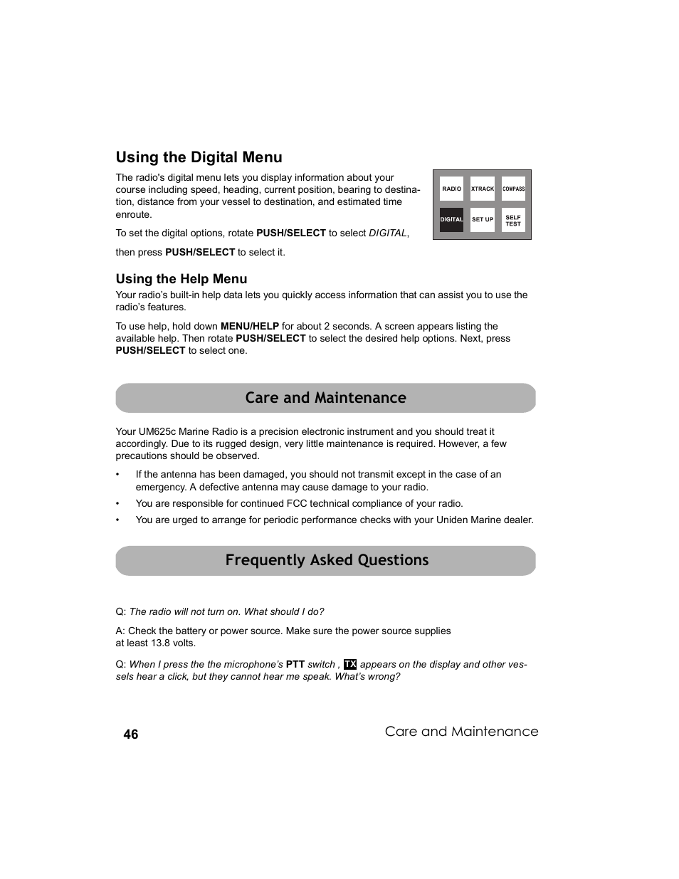 Using the digital menu, Care and maintenance frequently asked questions | Uniden UM-525 User Manual | Page 46 / 60